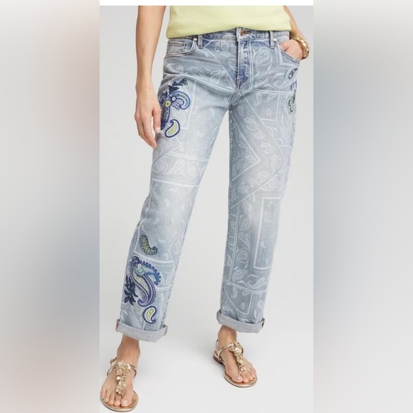 Chico's Denim - Chico’s Paisley Applique Cropped Jeans - Light Blue. Embroidered, Soft, Stretchy